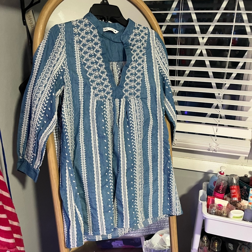 Zara Denim Blue Top with White Embroidery